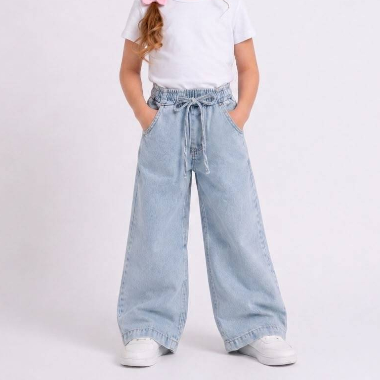 Calça Jeans Wide Leg Infantil Menina Pantalona 100% Algodao Confortável 4 ao 8 Anos