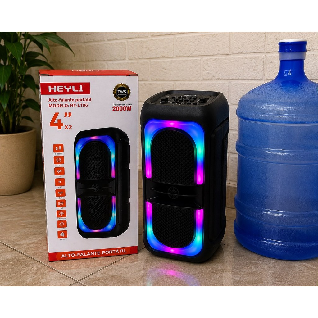 Caixa de Som Bluetooth Portátil 2000W PMPO TWS Karaokê LED RGB USB TF Rádio FM Entrada para Microfone Heyli HY-4406