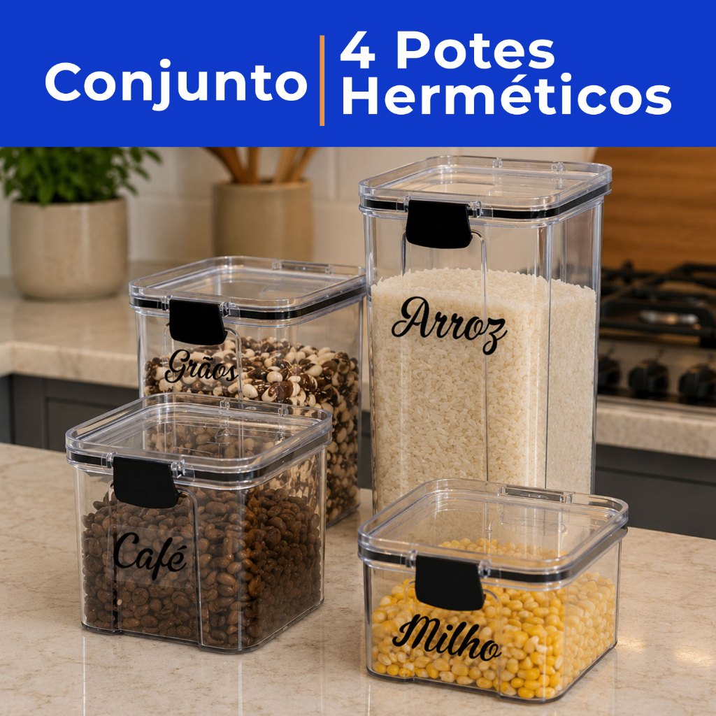 Conjunto Potes Transparente Herméticos Tampa com Trava - Organizador de Mantimentos
