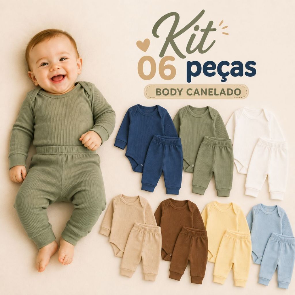 Kit 6 Peças Body Bebê Menino CANELADO Manga Longa e Calças Mijão Meia Estação Dia a Dia