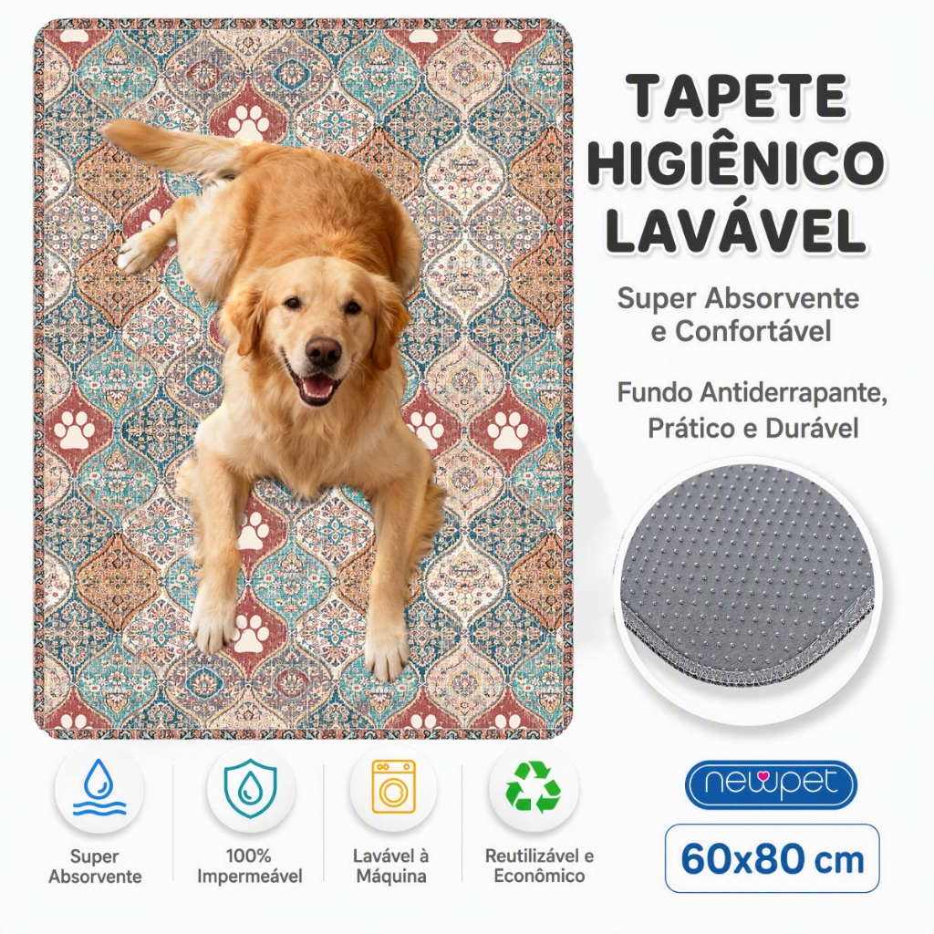 Newpet Tapete Higiênico Lavável Estilo Boêmio 80x60cm para Cachorro Super Absorvente Impermeável Reutilizável