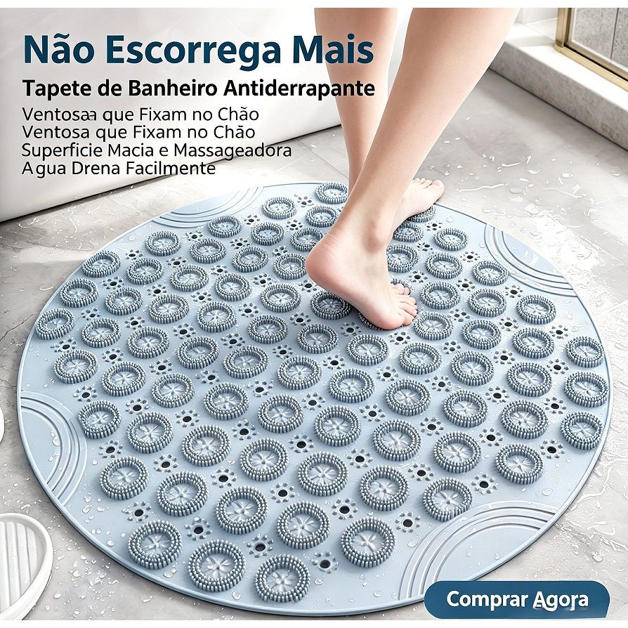 Tapete de Banheiro Redondo Antiderrapante Silicone 55x55cm com Ventosas e Massageador de Pés Limpeza Box Chuveiro