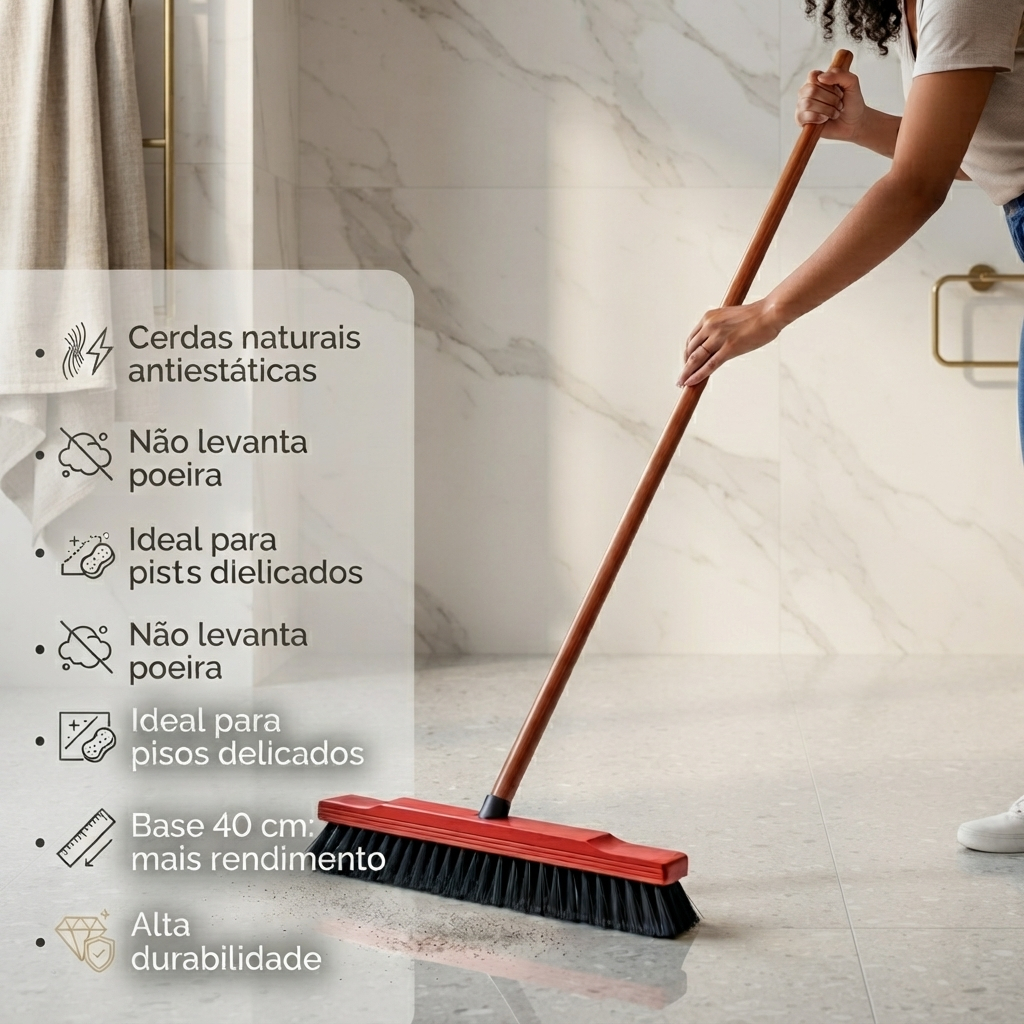 Vassoura de Pelo 40 cm 60 cm Macia Base Madeira Não Risca Limpeza Porcelanato Sem Cabo