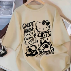 Camiseta Algodão Feminina Hello Kitty Fofa Casual Street Confortável Estilosa Camisa Manga