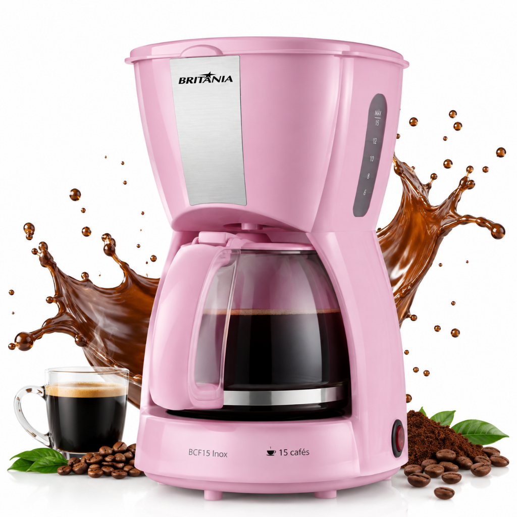 Cafeteira Britânia Rosa Inox com Jarra de Vidro 15 Xícaras 550W