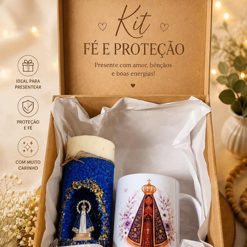 Kit Presente Caixa MDF Vela Gruta Oratória + Caneca Nossa Senhora Aparecida