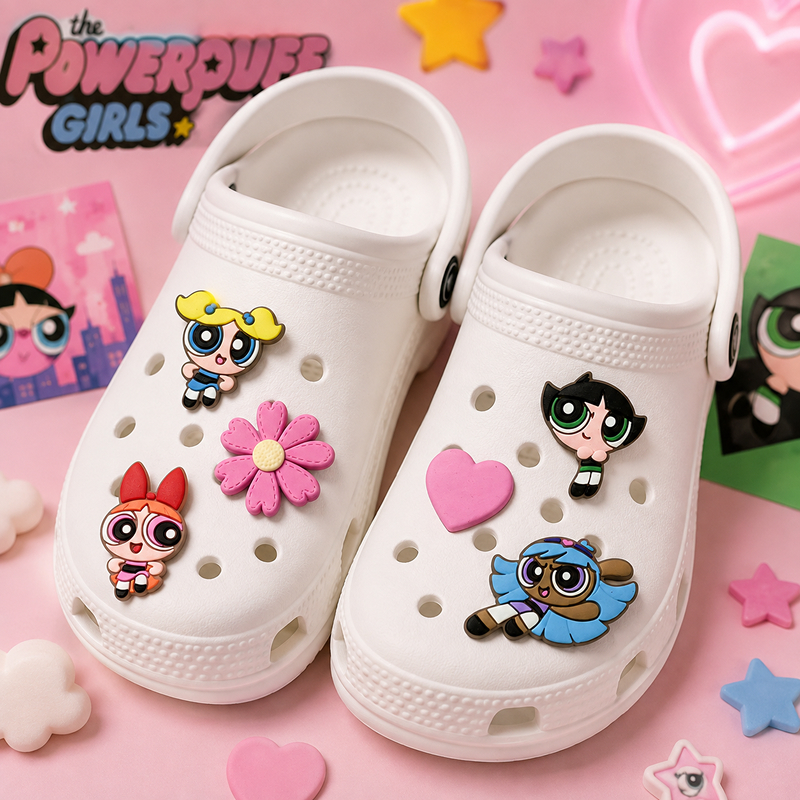 Pin Charm Botton Enfeite Emborrachado Decoração para Babuches Calçados Meninas Superpoderosas Conjunto de 6 Unid