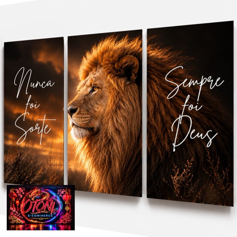 Quadros Decorativos Leão De Judá Religioso Nunca Foi Sorte Sempre Foi Deus 3 Peças Decoração Sala Quarto Escritório