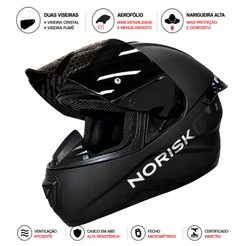 Capacete Moto Norisk Razor Black Edition Preto Fosco 2 Viseiras Fume Cristal + Aerofolio Narigueira