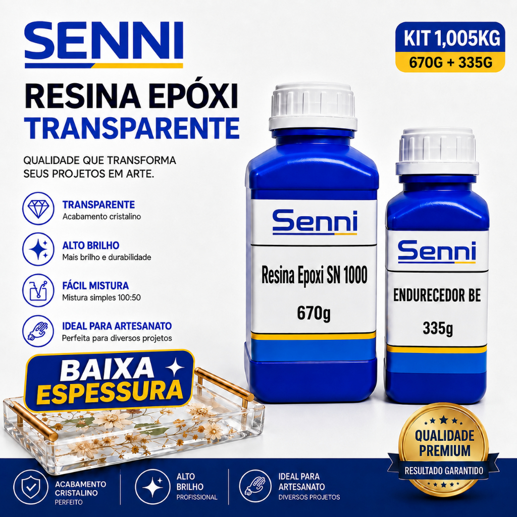 Resina Epóxi Transparente 1kg Kit com Endurecedor para Artesanato, Madeira, Moldes e Pigmentos, Baixa Espessura.