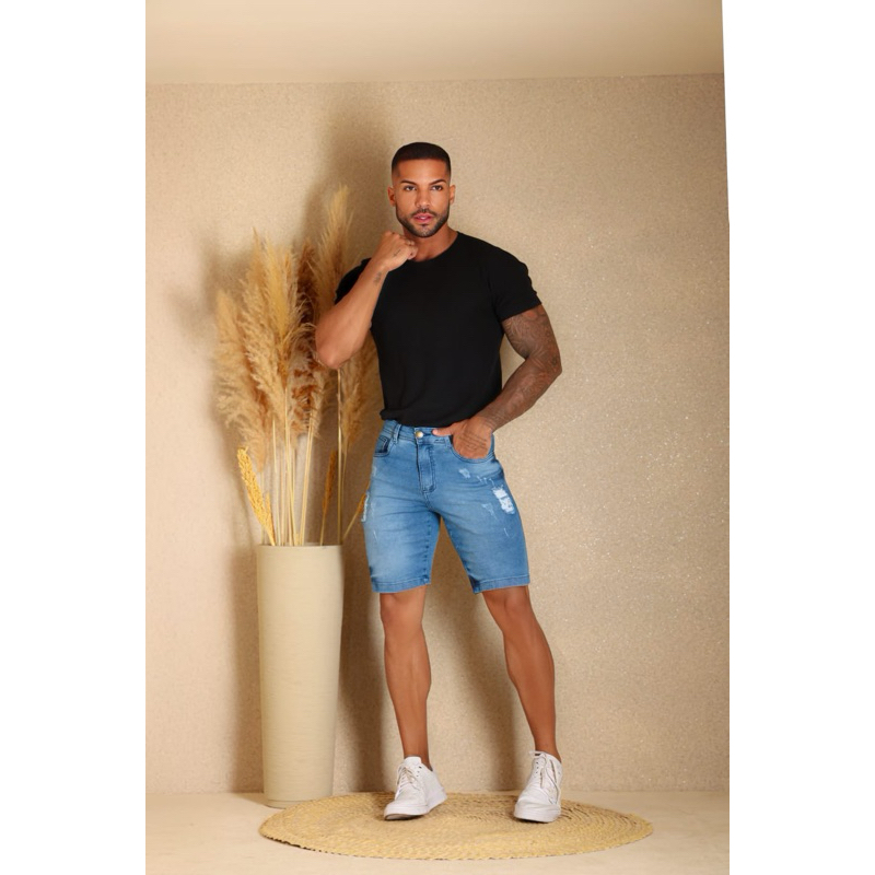 bermuda masculina Jeans destroyed com elastano premium