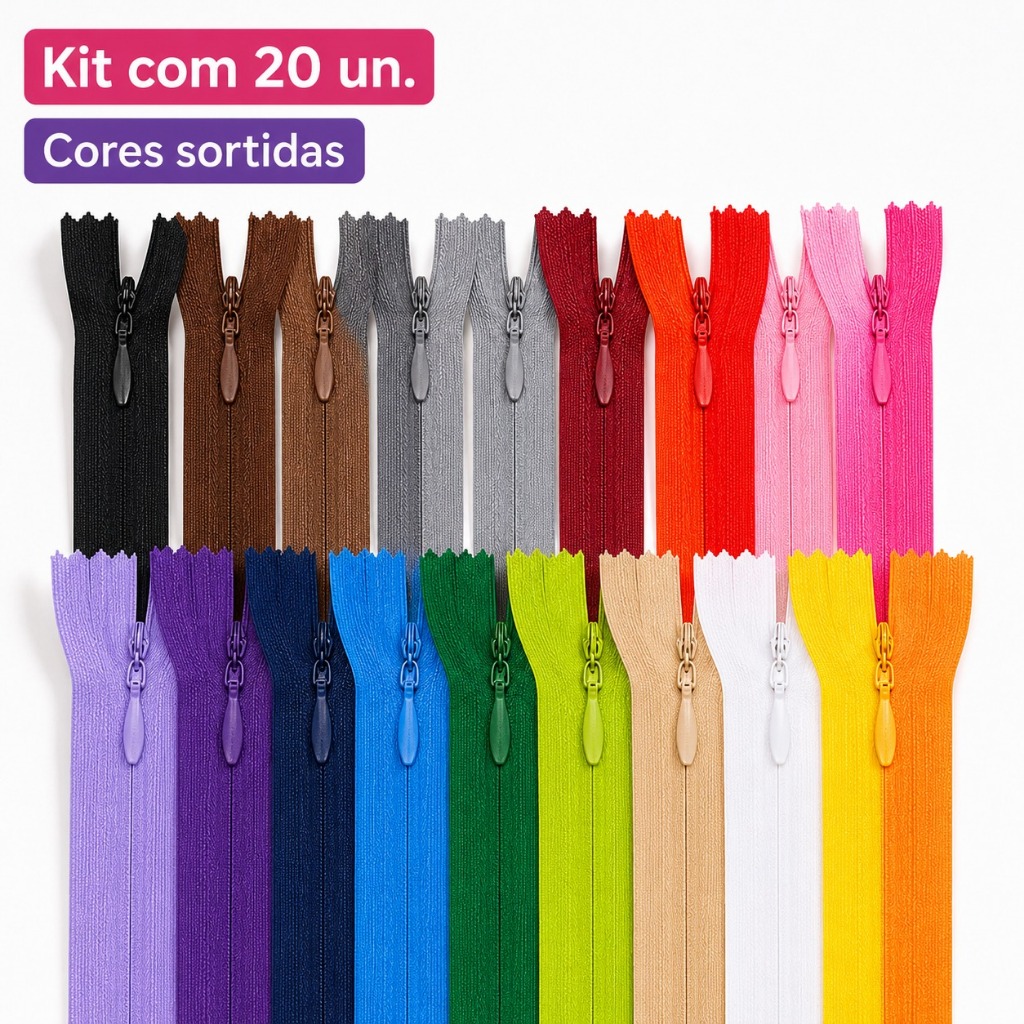 Zíper Invisível Colorido Kit 20 Unidades