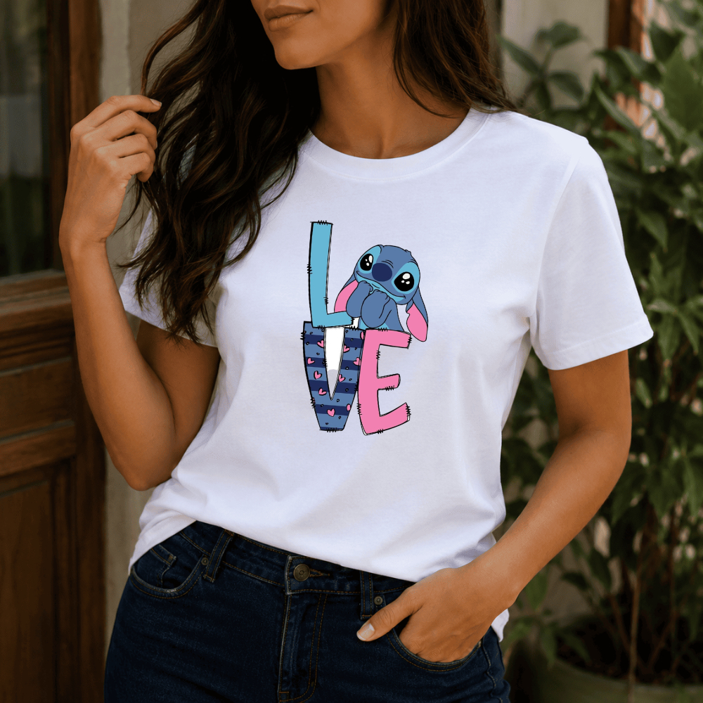 Camiseta Feminina Love Stitch DIvertida Casual 100% Algodão Blusa Personagem Dia A Dia