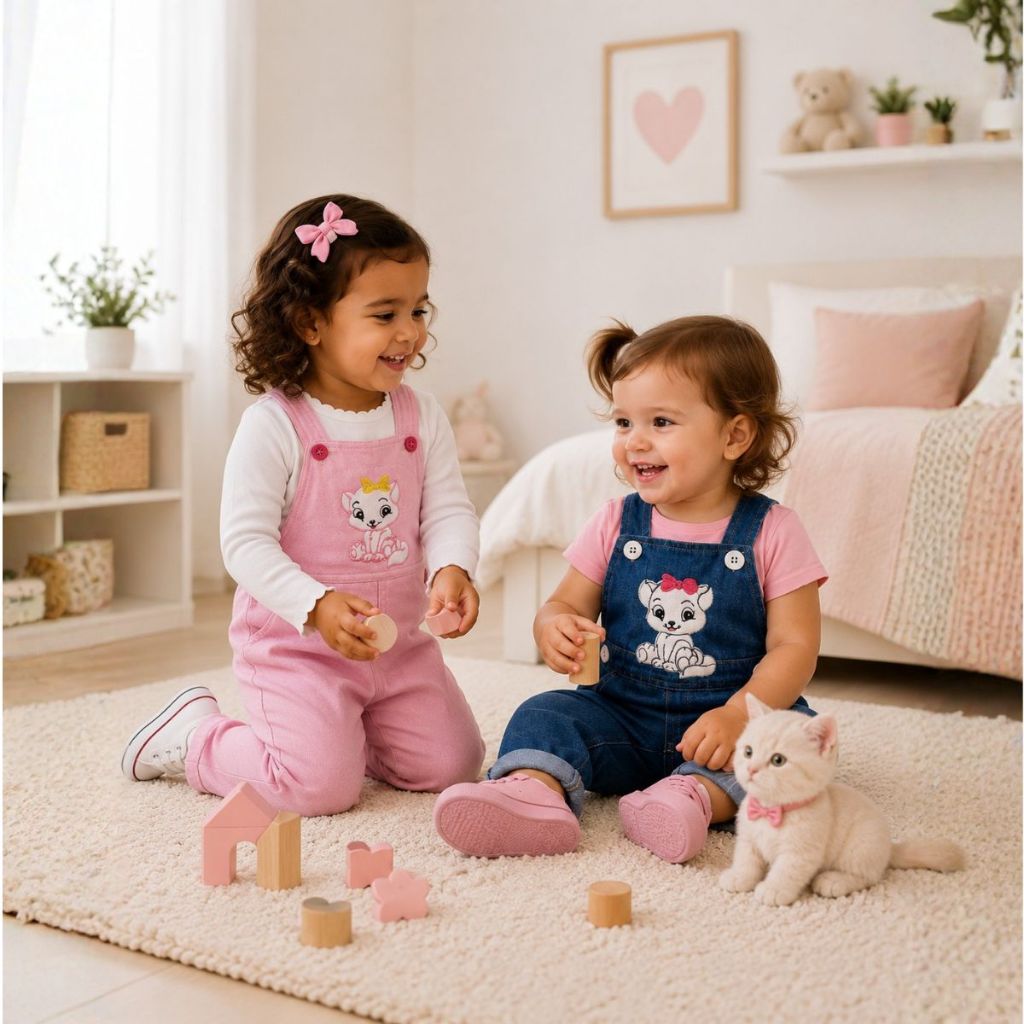 Macacão Jardineira Jeans Calça Infantil Menina Bordado 1 a 3 Anos