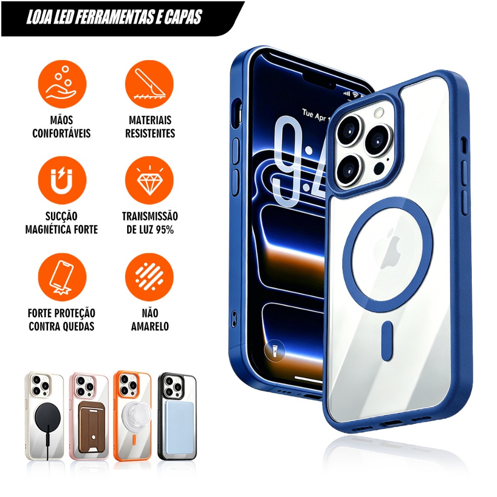 Capa Magnética Transparente Luxuosa à Prova de Choque com MagSafe para iPhone 13 14 15 16 17 18Pro Max