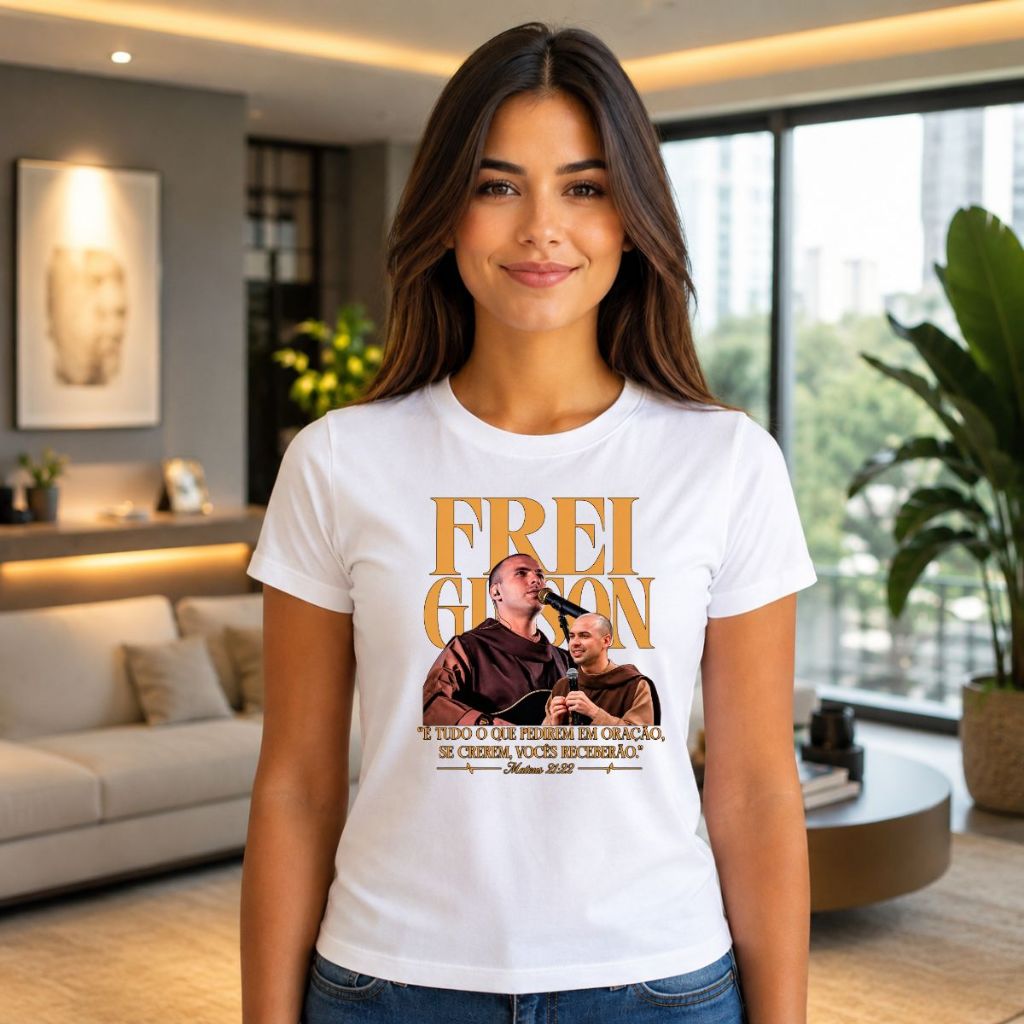 Camiseta Feminina Frei Gilson Tendência Moda Casual T-Shirt Feminina Estilosa Moderna Lançamento Envio Imediato