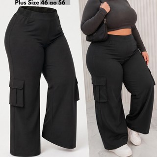 Calça Cargo Plus Size Wide Leg Feminina Calsa Cintura Alta Levanta Bumbum Calca Pantalona Boca Larga Bolsos  G1 G2 G3