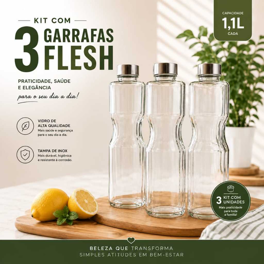 Kit c/3 Unid Garrafa Quadrada Flesh 1,1 litros Vidro Tampa Hermética Geladeira Mimo Style