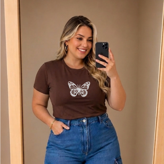 Camiseta Feminina Estampada Borboleta T-Shirt Algodão P ao G5 Casual Confortavel