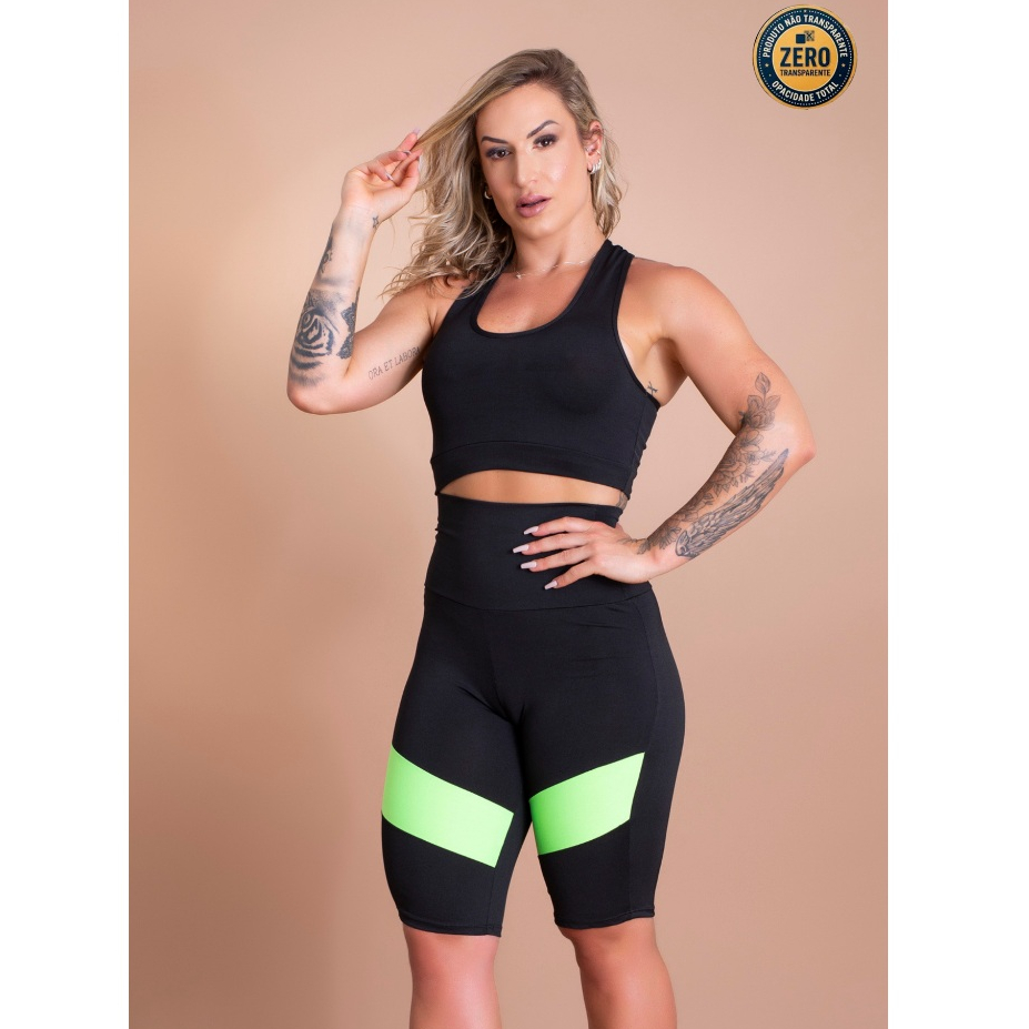 Conjunto Fitness Feminino Bermuda Cintura Alta Ciclista Recorte Perna E Top Nadador Básico Academia ZERO TRANSPARÊNCIA