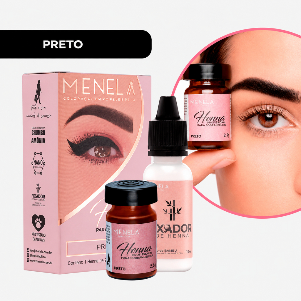Kit Henna Sobrancelha Menela Preto 2,5g Fixador