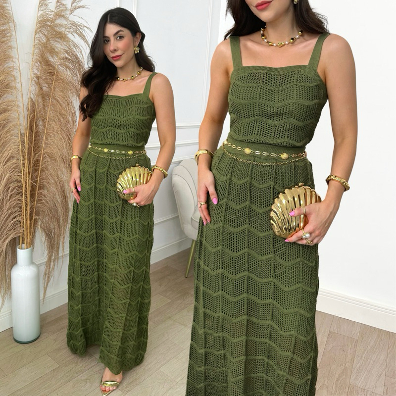 Conjunto Cropped e Saia Longa Feminino Tricot Rendando Moda Verão Natal Réveillon Moda Blogueira