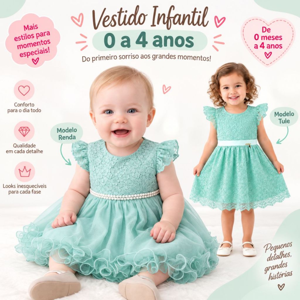 Vestido Festa Bebê Com Tule Renda Cinto Pérolas Mesversário Verde Menta 0 a 4 Anos