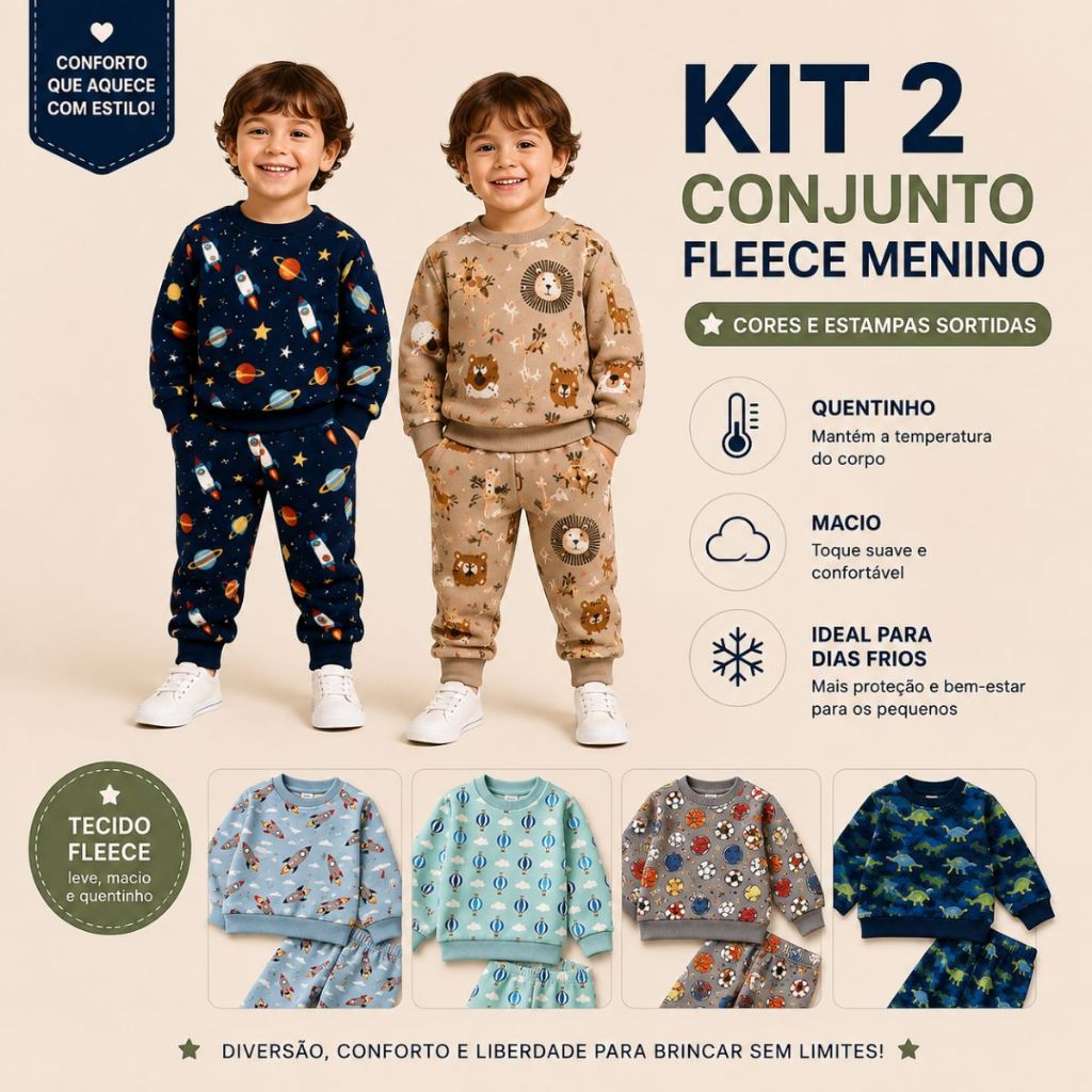 Kit 2 Conjuntos Fleece Infantil Menino 100% Poliéster Roupa Quentinha Confortável Pijama Para Inverno
