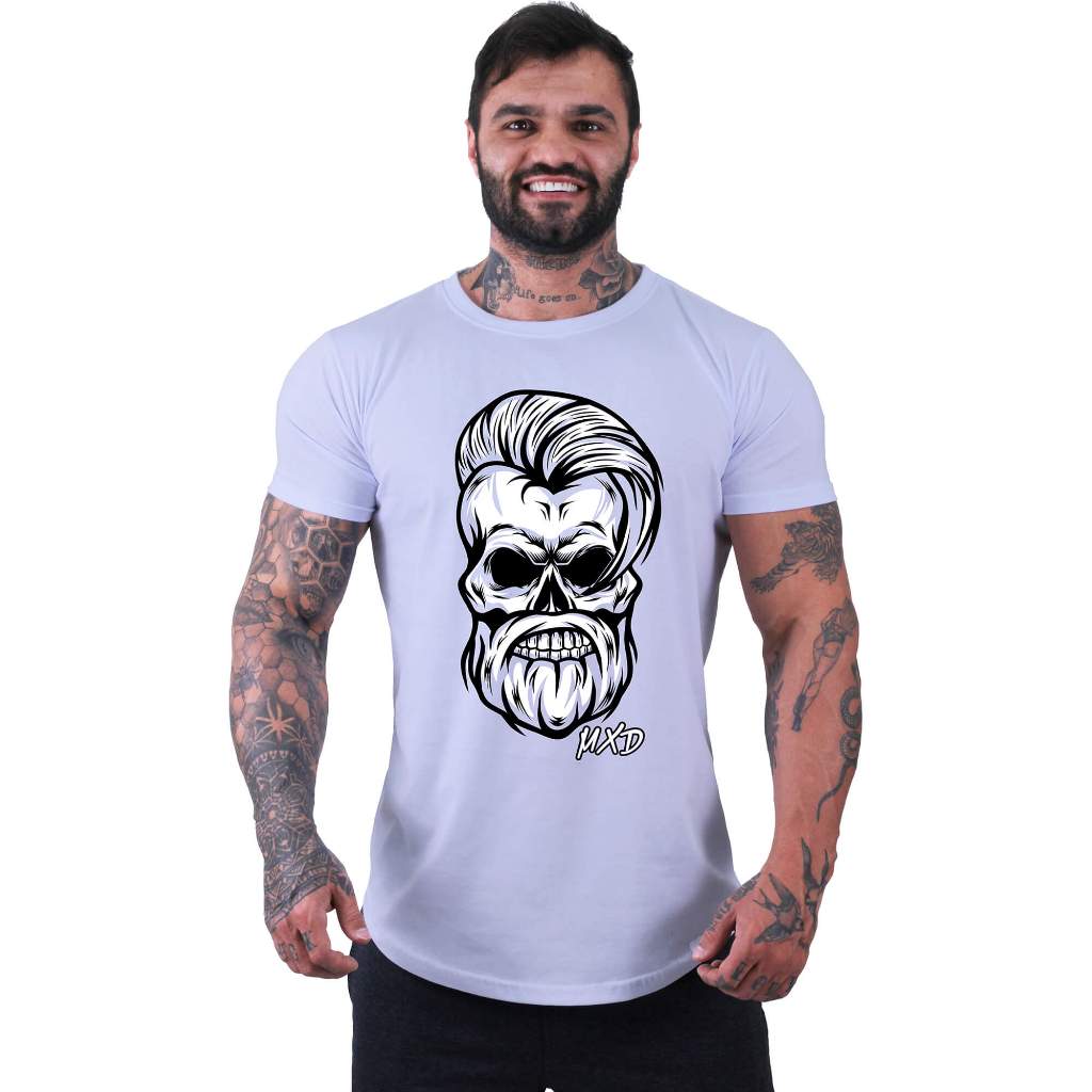 Camiseta Longline Masculina Algodão MXD Conceito Academia Musculação Casual Caveira Bandeira America