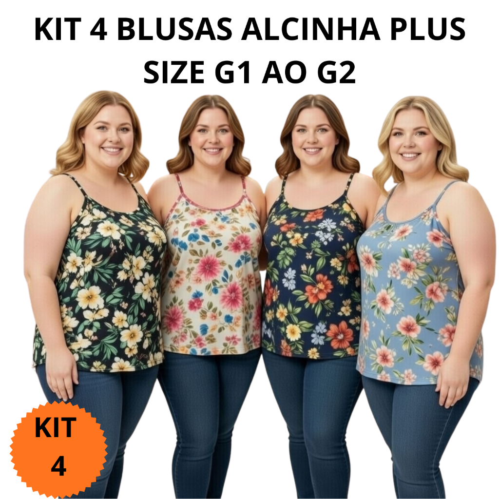 Kit 4 Blusas Femininas Regata com Alça em Liganete Plus Size Art da Sedução | Estampas Variadas | G1 G2