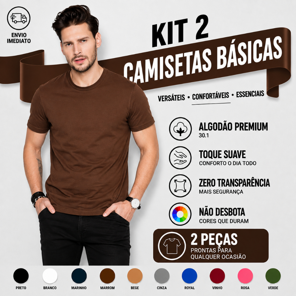 Camiseta Masculina Algodão Kit 2 Camisas Marrom + Preta Masculinas Slim Básicas Gola Redonda Tribo