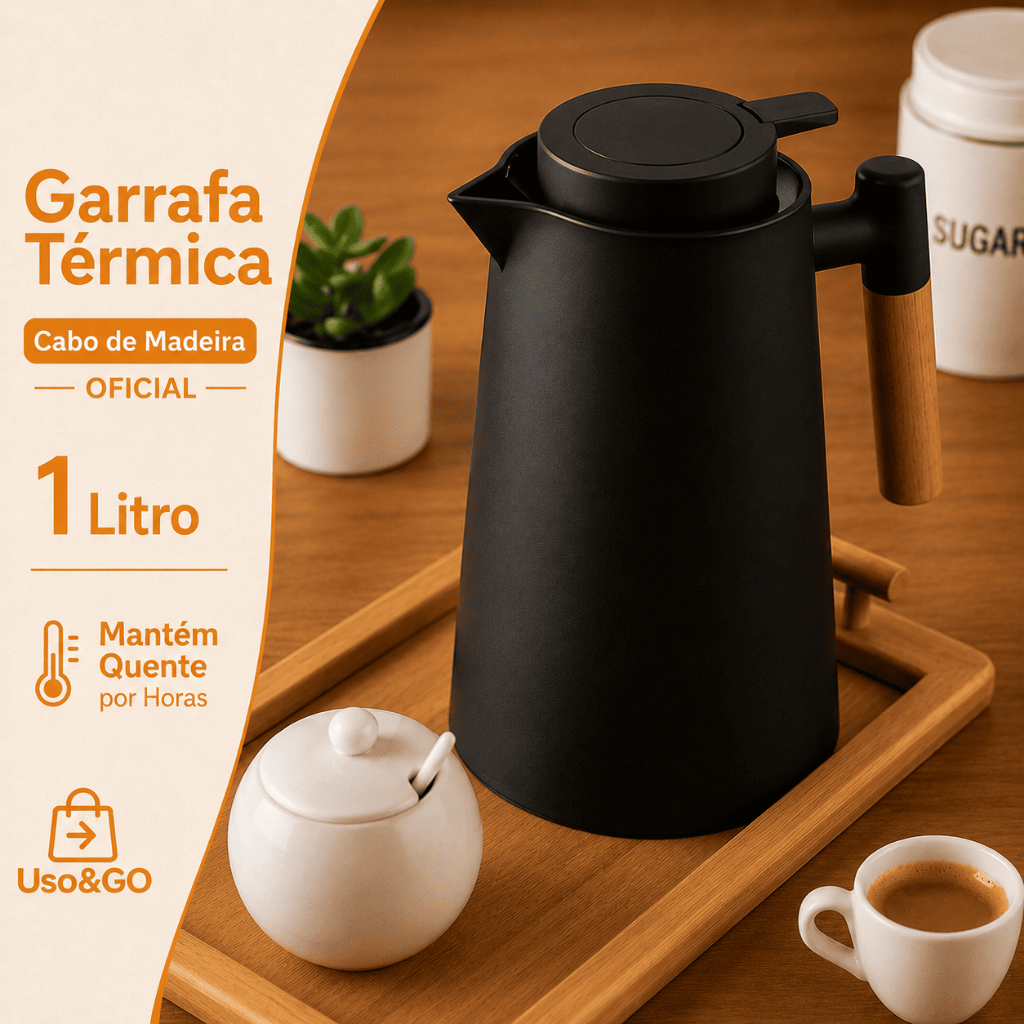 Garrafa Térmica Café e Chá 1 Litro com Cabo de Madeira Mantém Quentes por Horas Design Premium