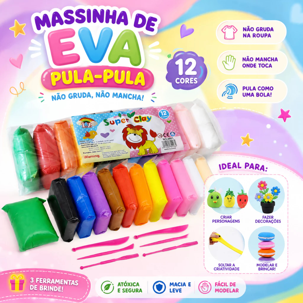 Kit 12-72 Massinha Argila Pula Pula de E.V.A Super Leve Incluso 3 Ferramentas Brinquedos Educativos