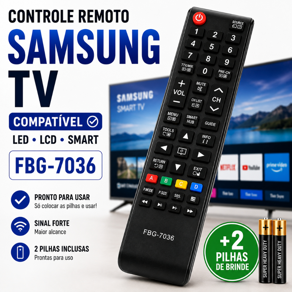 Controle Remoto TV Samsung Compatível LED LCD Smart Hub AA59 FBG-7036 + Pilhas