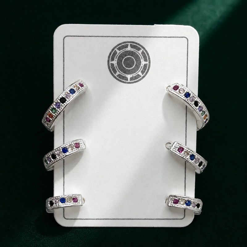 Trio de Argolas Click Cravejadas com Zircônias Coloridas em Prata 925 Elegante e Delicado