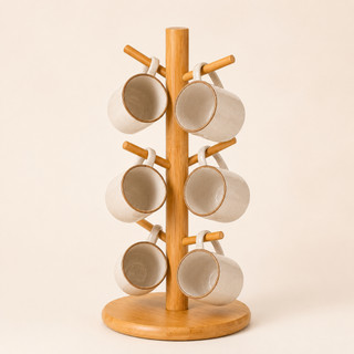 Suporte Organizador de Xícaras de Bambu Porta Canecas Decoração Cantinho Café Cozinha