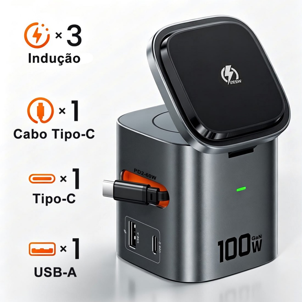 Carregador 6 Em 1 Por Indução 100W Ultra Rápido Magsafe Para Celulares, Apple Wa