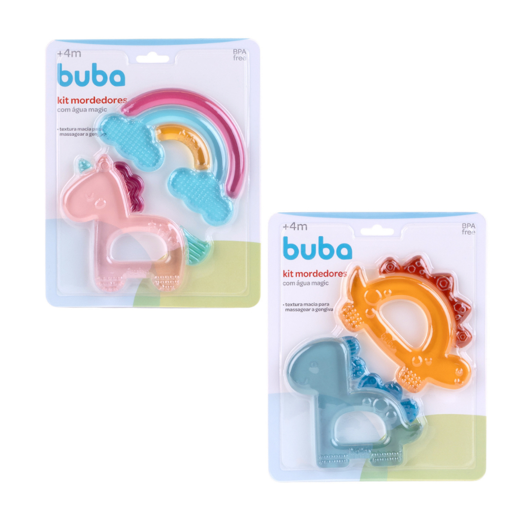 Kit 2 Mordedores com Água Buba Refrigerável Dino e Unicórnio - Kit Mordedor Buba
