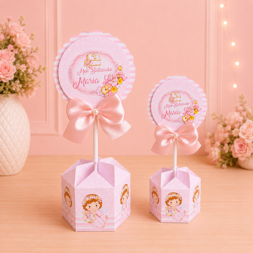 Centro de Mesa Batizado Rosa | Personalizados | Aniversários | Papelaria Personalizada | caixinhas | Lembrancinhas