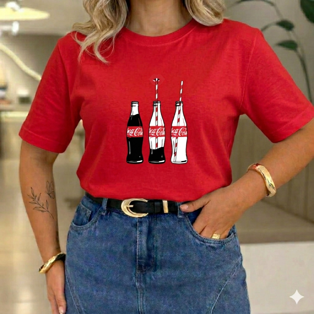 Camiseta Feminina Camisa T-Shirt Blusinha básica Coca Cola Estampada Confortável 100% Algodão