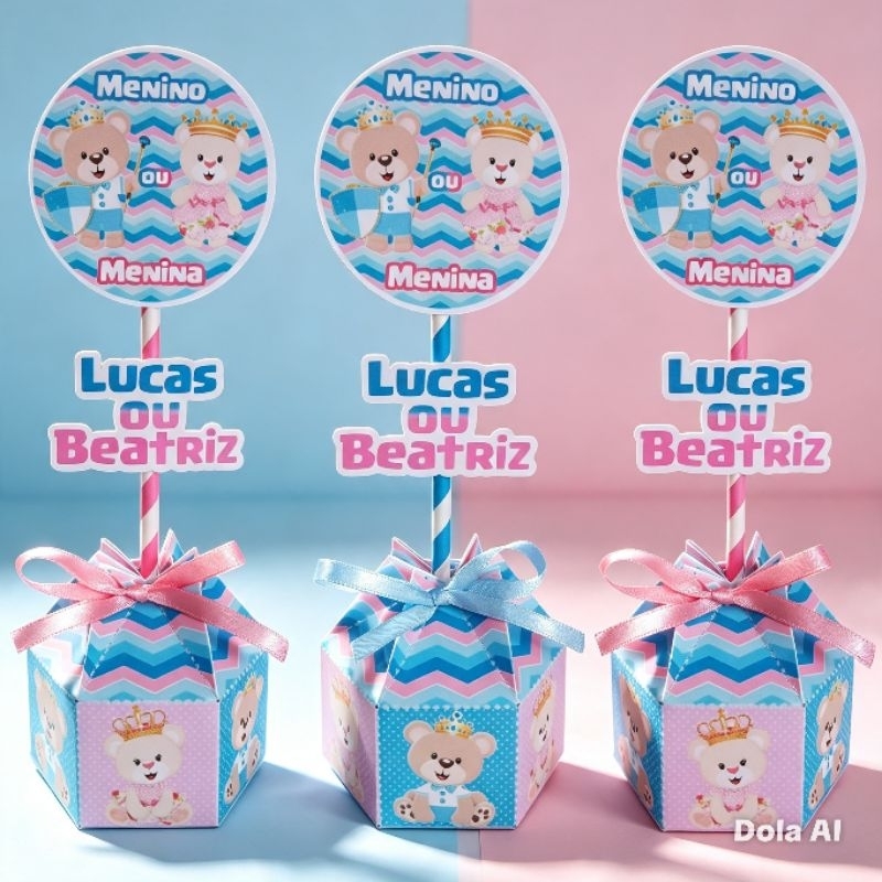 Kit 10/15/20 Centros de mesa personalizado, Chá Revelação Ursinhos Realeza
