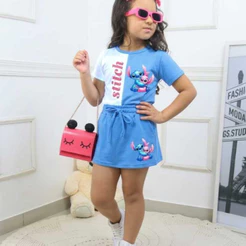 conjunto infantil short saia menina Stitch feminina passeio blogueira