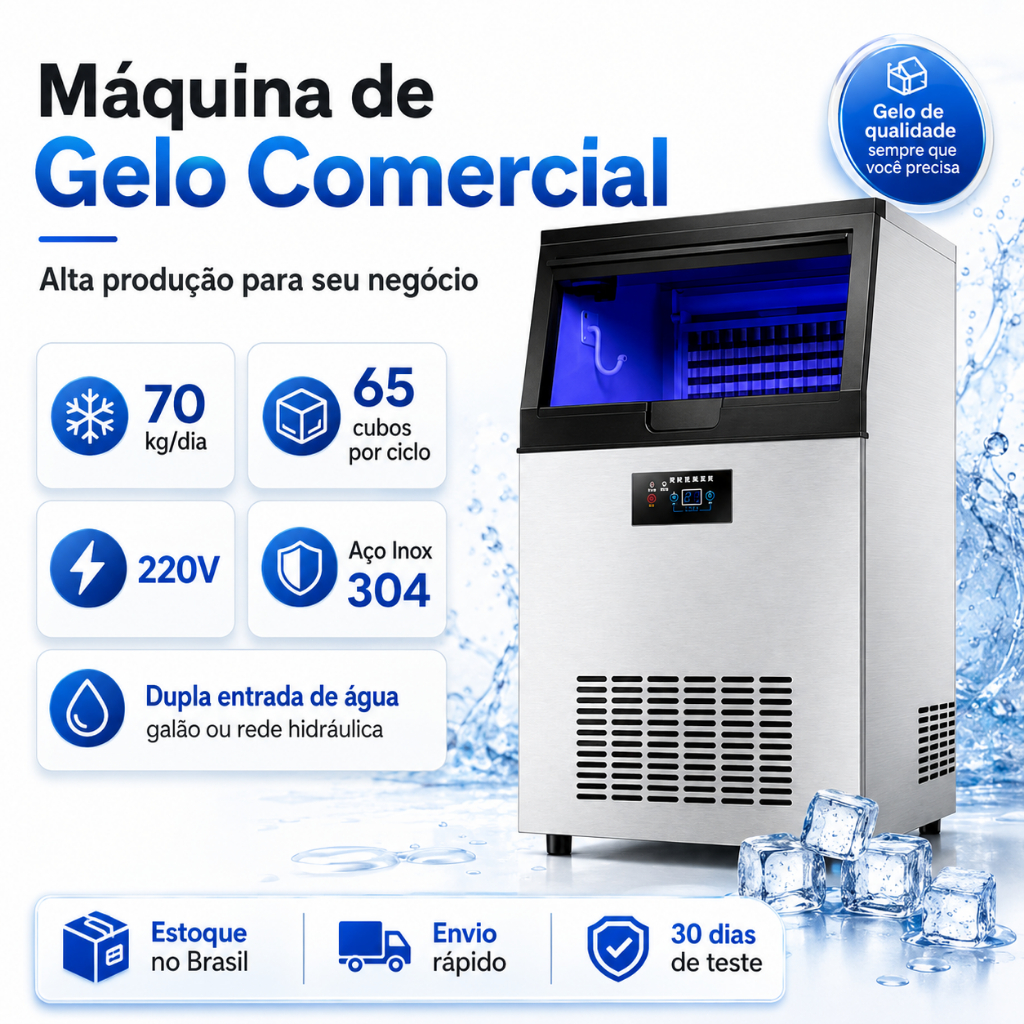Máquina de Gelo Comercial Industrial 70kg/dia 65 Cubos por Ciclo Aço Inox 304 220V para Bar Restaurante Hotel — oferta na Shopee