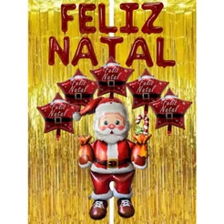 Kit 18 Pçs Balão Metalizado De Decoração Papai Noel Nome Feliz Natal 5 Estrela de Natal 2 Cortina