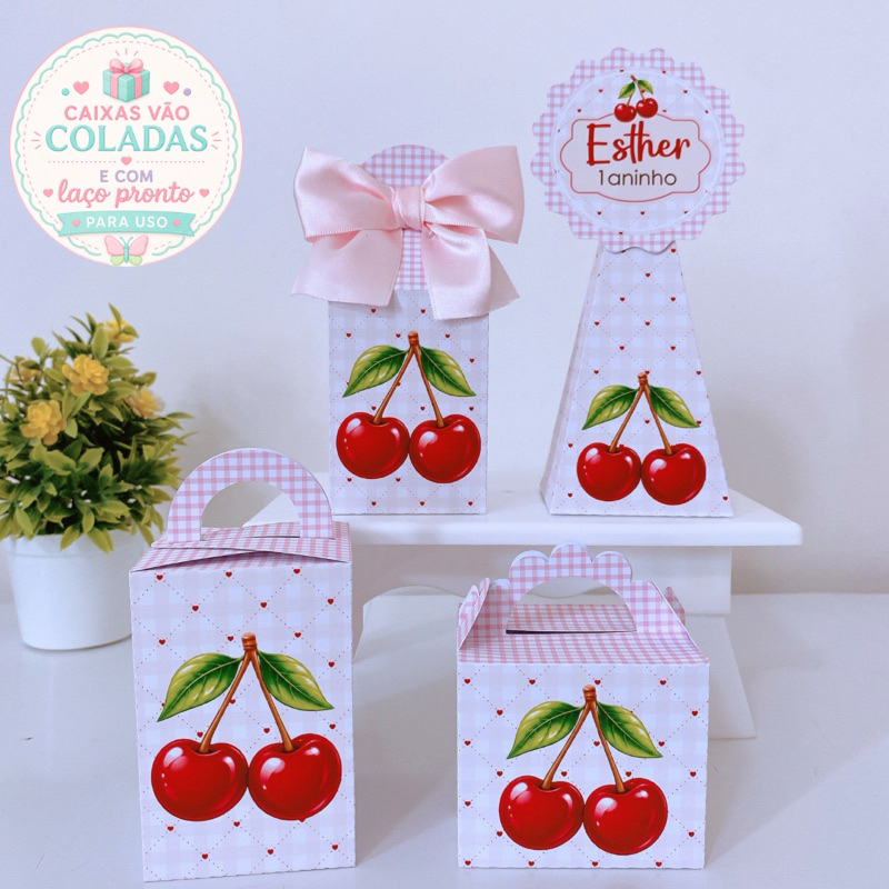 Kit Festa Cerejinha LAÇO ROSA Caixinhas Personalizadas Lembrancinhas Infantil Aniversário