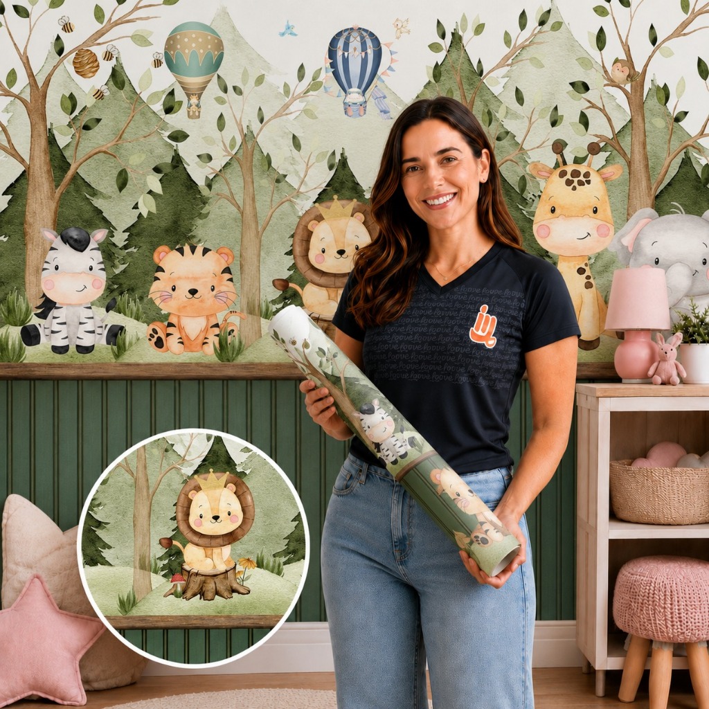 Papel de Parede Autocolante Personalizado Safári Encantado para Quarto Infantil