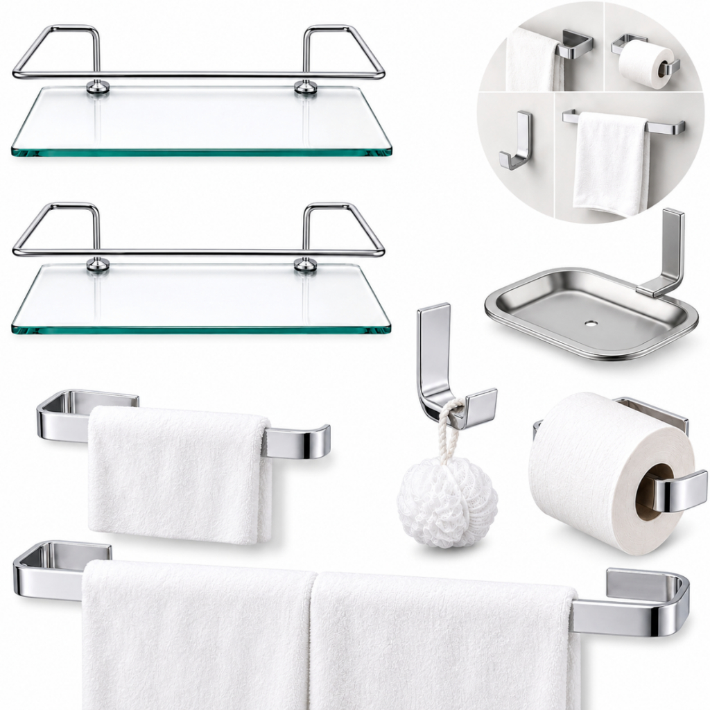 Kit Acessórios Banheiro 5 Peças Inox Cromado + 2 Porta Shampoo Organizador Prateleira Vidro Reto