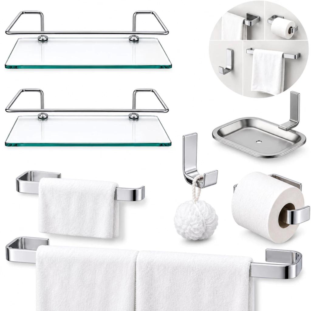 Kit Acessórios Banheiro 5 Peças Inox Cromado + 2 Porta Shampoo Organizador Prateleira Vidro Reto — imagem 1