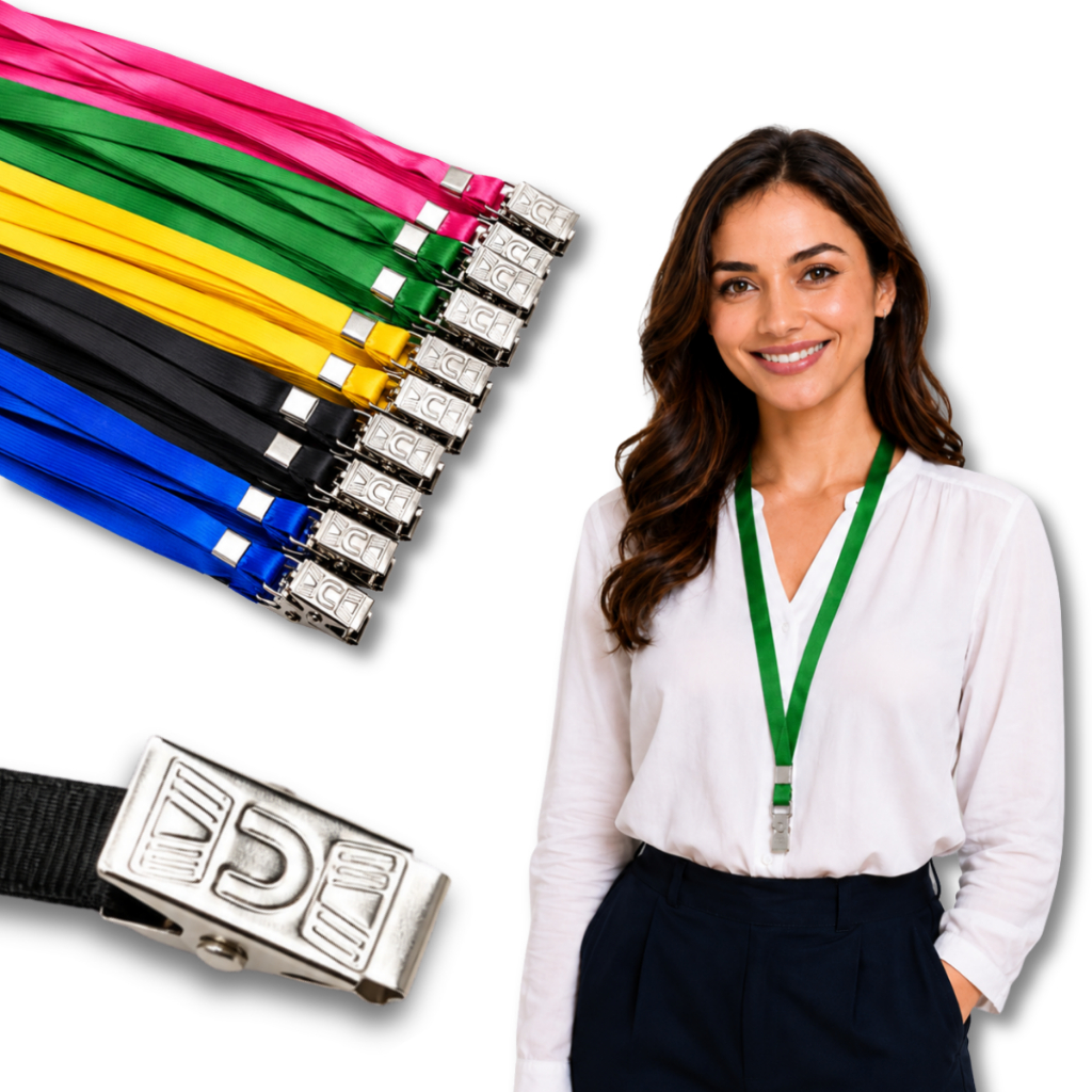 50 Cordões Porta Crachá Clips Garra Jacaré Metal Lanyard Suporte Kit Cordão Cores