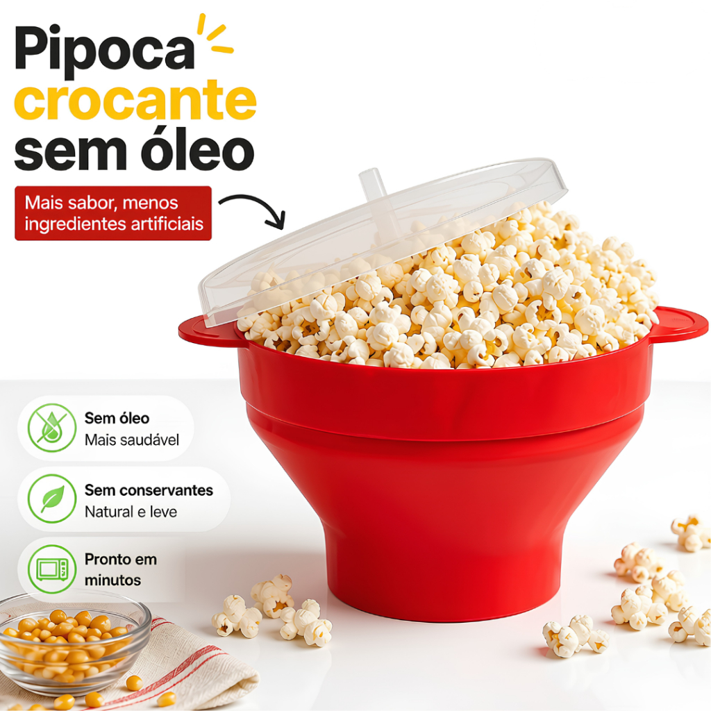 Pipoqueira Grande Para Micro-ondas Sem Óleo Balde Pipoca Silicone Redonda Com Tampa Livre BPA 1/2 Unidades